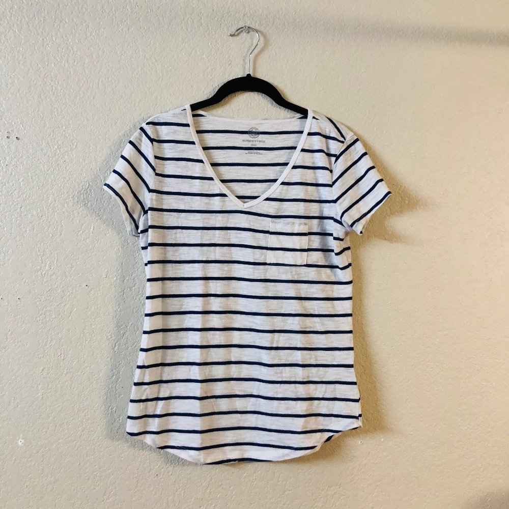 SO Perfect Relaxed V-neck Pocket Shirt, Navy/White Striped (M)